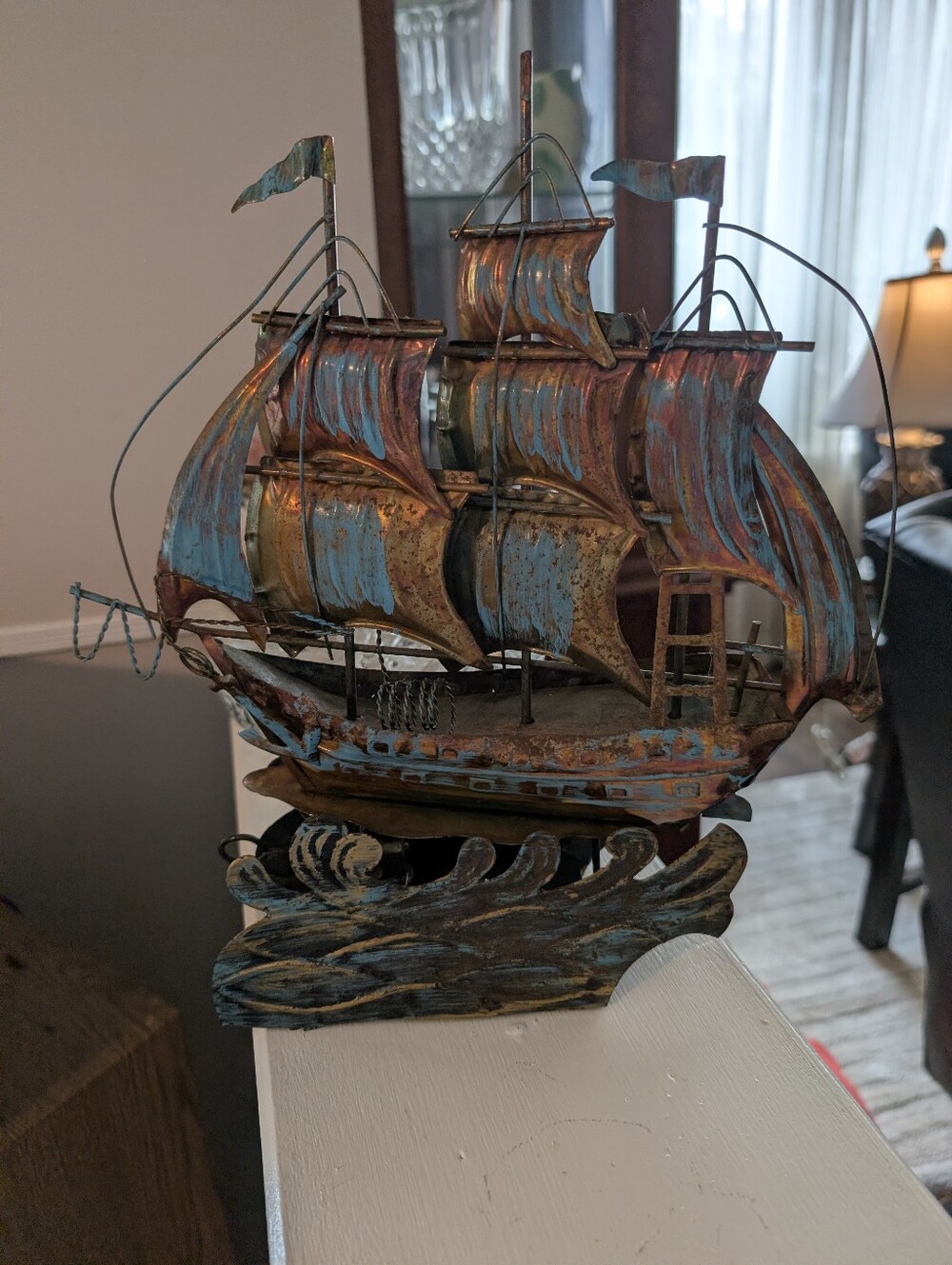 Vintage Tin/Copper Tone Metal Sail Ship Musical Box (Large)